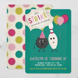 Bowling Birthday Party Invitation - Girl, uitnodig Kaart