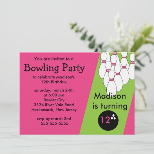 Bowling Birthday Party Invitation Kaart (Staand voorkant)