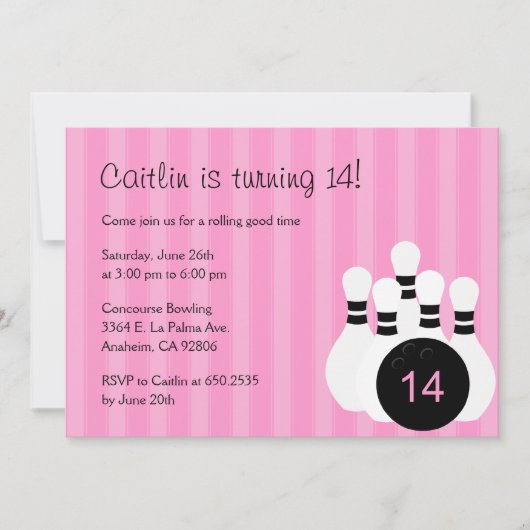 Bowling Birthday Party Invitation - Roze Kaart (Voorkant)