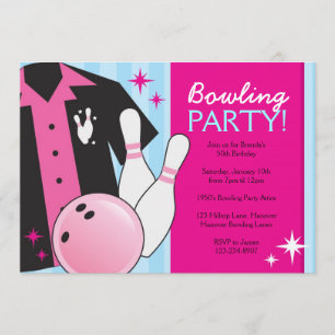 Bowling Birthday Party Invitations in roze Kaart