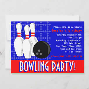 Bowling Birthday Party Invite - Red White en Blue Kaart