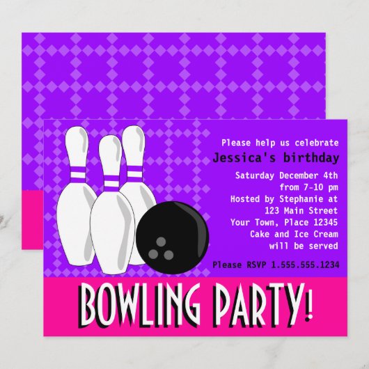 Bowling Birthday Party Invite - Roze en Paars Kaart (Voorkant / Achterkant)