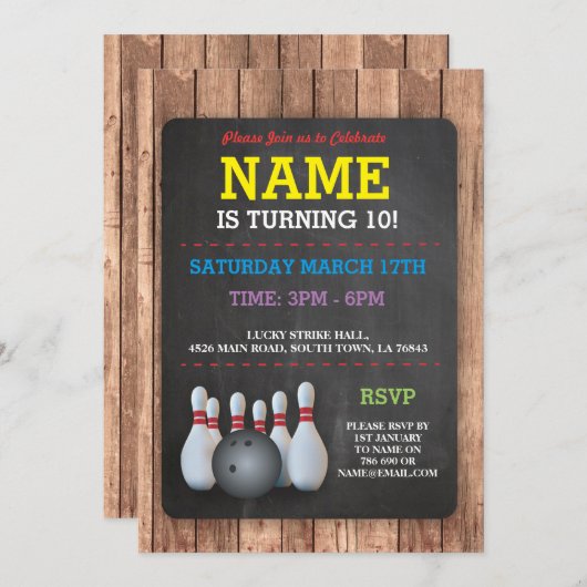 Bowling Birthday Party Tenpin Boys Girls Invite Kaart (Voorkant / Achterkant)