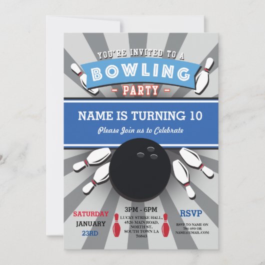Bowling Birthday Party Tenpin Boys Girls Invite Kaart (Voorkant)