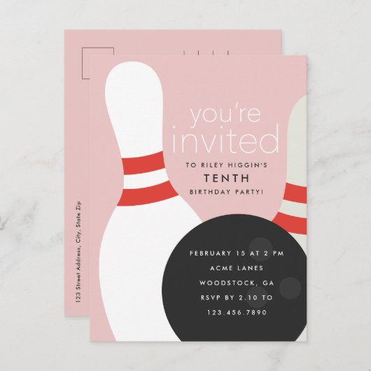 Bowling Birthday Party Uitnodiging Briefkaart (Voorkant / Achterkant)