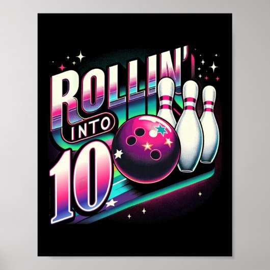 Bowling Birthday Rollin Into 10 Party 10th Bday Re Poster (Voorkant)
