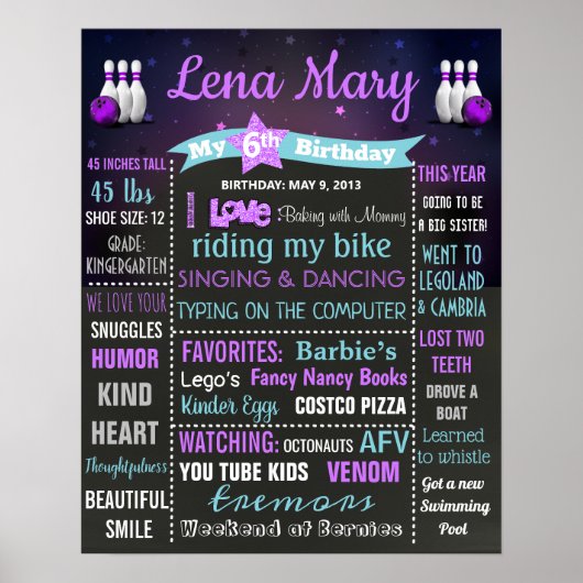 Bowling Birthday-schoolbord meisje Poster (Voorkant)