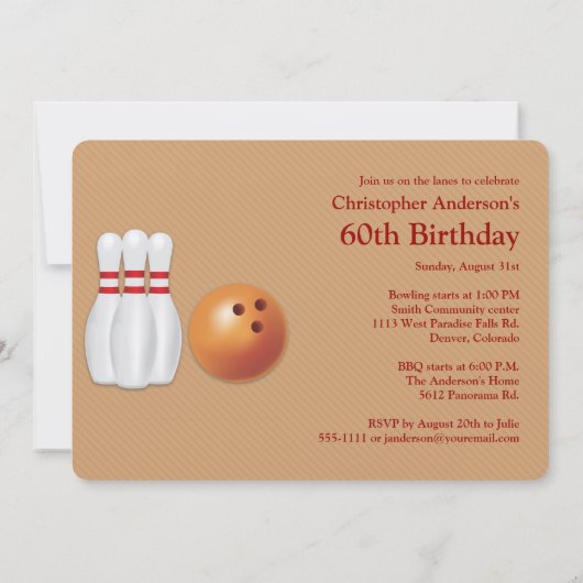 Bowling, bowler Invitation du 60e anniversaire. (Dos)