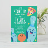 Bowling en Pizza Retro Verjaardagsfeest Uitnodigin Kaart (Staand voorkant)