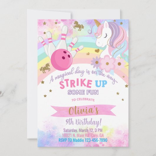Bowling et Unicorn invitation d'anniversaire fille (Devant)