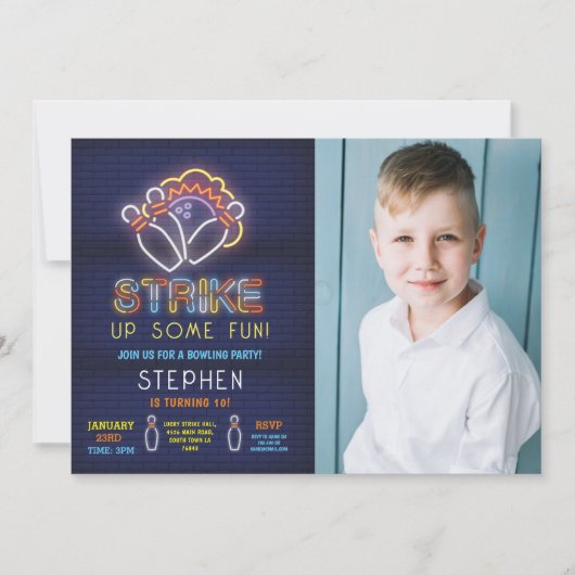 Bowling Invitation Anniversaire Fête Neon Photo Gr (Devant)