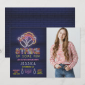 Bowling Invitation Anniversaire Fête Neon Photo Gr (Devant / Derrière)