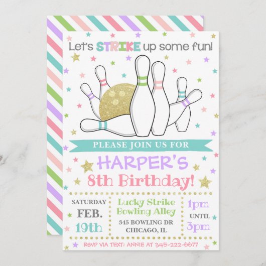 Bowling Invitation Bowling Birthday Invite Kaart (Voorkant / Achterkant)