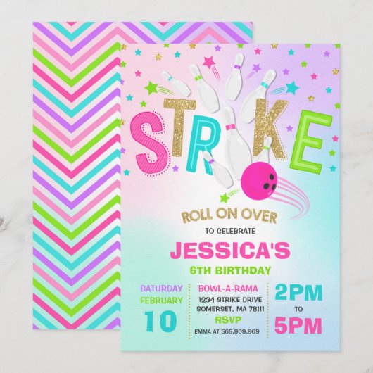 Bowling Invitation Bowling Birthday Party Strike Kaart (Voorkant / Achterkant)