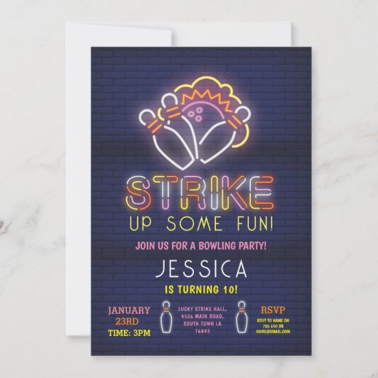 Bowling Invitation fête d'anniversaire Neon Pink S (Devant)