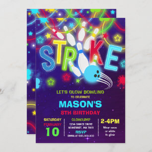 Bowling Invitation Glow Neon Bowling Birthday Kaart