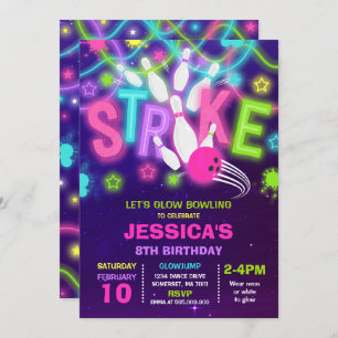 Bowling Invitation Glow Neon Bowling Birthday Kaart