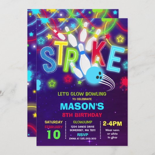Bowling Invitation lueur Neon Bowling Anniversaire (Devant / Derrière)