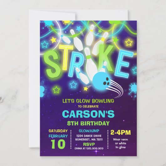 Bowling Invitation lueur Neon Bowling Anniversaire (Devant)