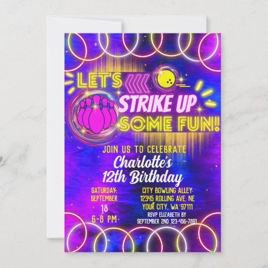 Bowling Laten we Fun Neon Glow Verjaardag maken Kaart (Voorkant)