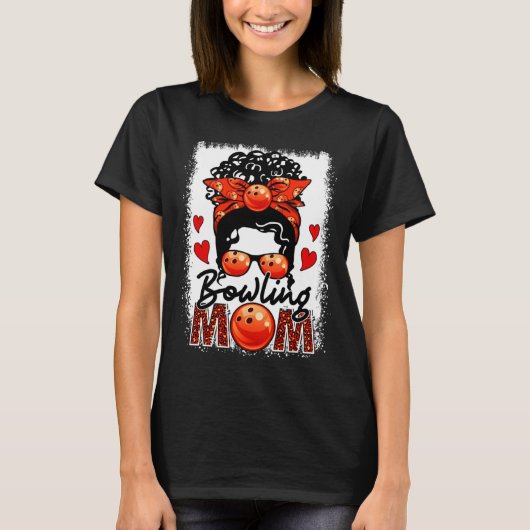 Bowling Mom Leopard Messy Bun Game Day Mother s Da T-shirt (Voorkant)