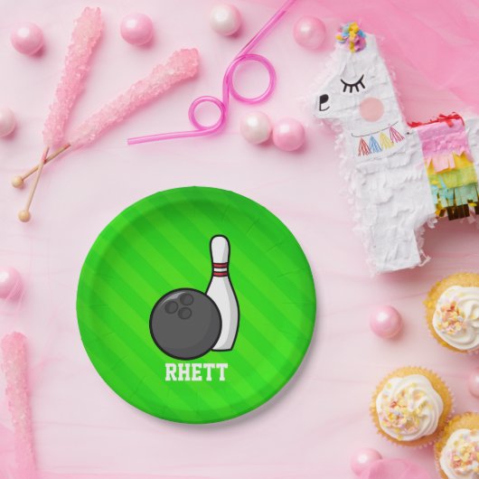 Bowling; Neon Green Stripes Papieren Bordje (Feest)