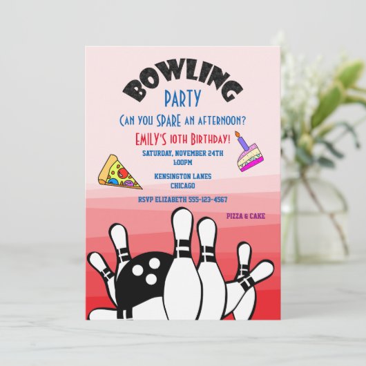 Bowling Party Invitation Ball and Pins Pizza and C (Debout devant)