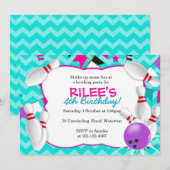 Bowling Party Invitation - GIRLS Kaart (Voorkant / Achterkant)