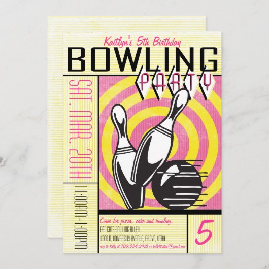 Bowling Party Invitation - Roze Kaart (Voorkant / Achterkant)