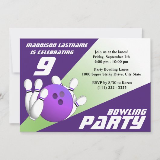 Bowling Party Verjaardag Paarse en Groen Kaart (Voorkant)