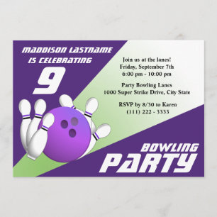 Bowling Party Verjaardag Paarse en Groen Kaart
