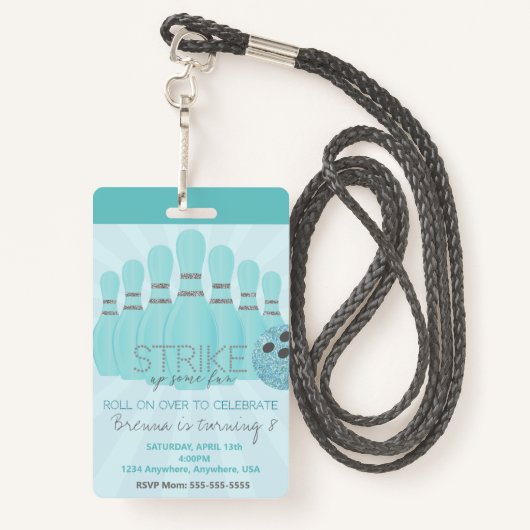 Bowling party, VIP Pass ,Invitation, meisje Bowl, Badge (Achterkant met draagriem)