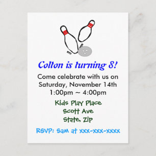 Bowling Pins Kids Birthday Party Invitation Kaart