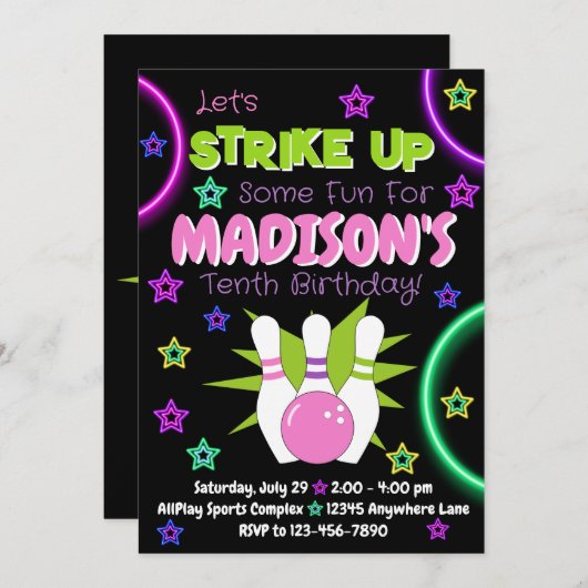 Bowling Sports rose et vert Invitations d'annivers (Devant / Derrière)