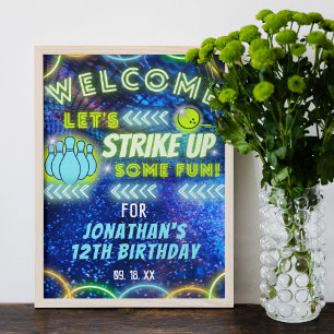 Bowling Strike Up Fun Neon Verjaardags Welkom Bord Poster