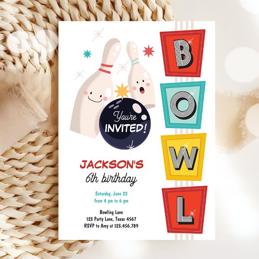 Bowling Strike Up Sommige Leuke Retro Jongen Meisj Kaart