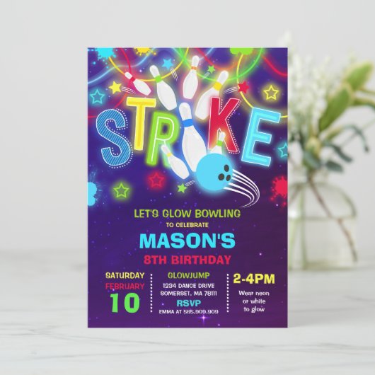 Bowling Uitnodiging Glow Neon Bowling verjaardag (Staand voorkant)