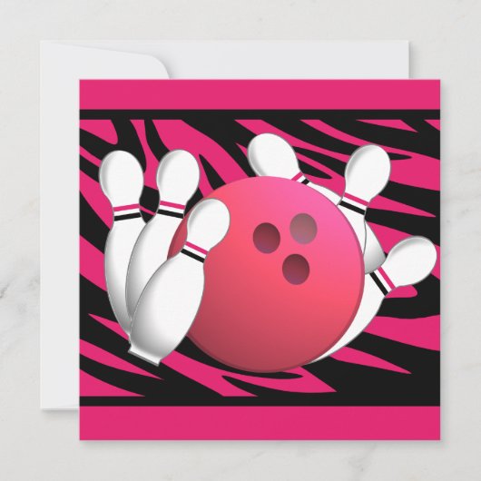 Bowling Verjaardag Neon Roze en Zebra Strepen Kaart (Voorkant)