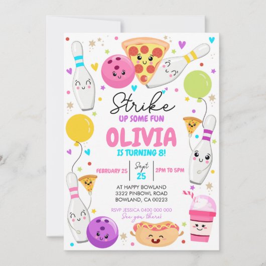 Bowling Verjaardag Uitnodiging Bowling Pizza Party (Voorkant)
