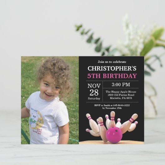 Bowling Verjaardag Uitnodiging Verjaardag Party Ro (Staand voorkant)