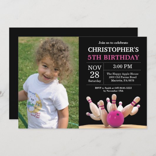 Bowling Verjaardag Uitnodiging Verjaardag Party Ro (Voorkant / Achterkant)