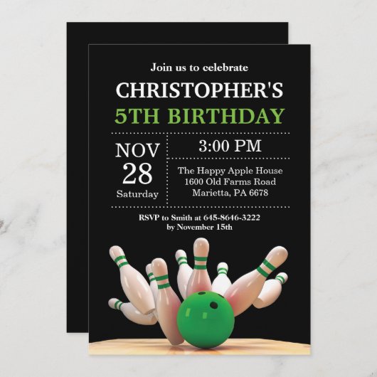Bowling Verjaardag Uitnodiging Verjaardagsfeest Gr (Voorkant / Achterkant)