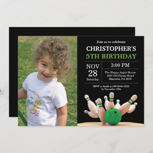 Bowling Verjaardag Uitnodiging Verjaardagsfeest Gr (Voorkant / Achterkant)