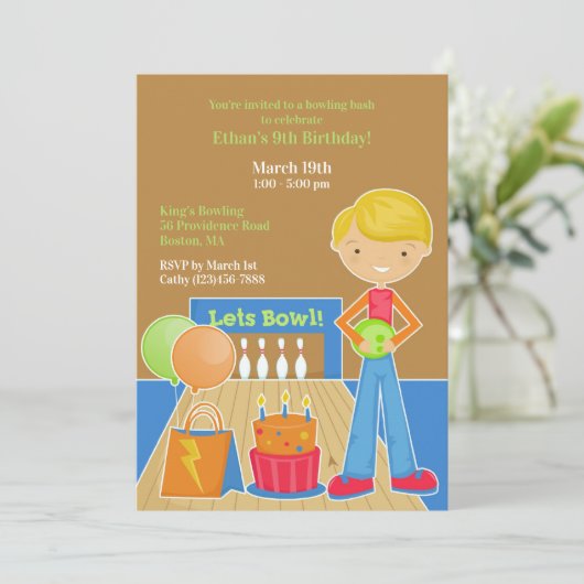 Bowling verjaardagsfeestje platte uitnodiging (Staand voorkant)