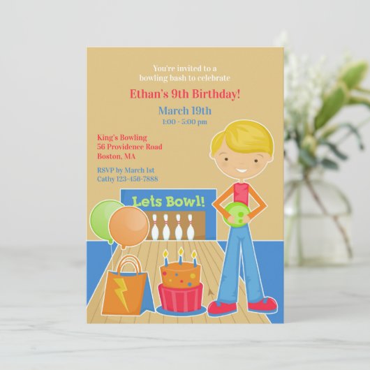 Bowling verjaardagsfeestje platte uitnodiging (Staand voorkant)