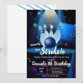 Bowling verjaardagsfeestje retro neon kaart (Voorkant / Achterkant)