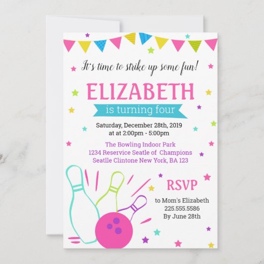 Bowling verjaardagsuitnodiging voor meisje kaart (Voorkant)
