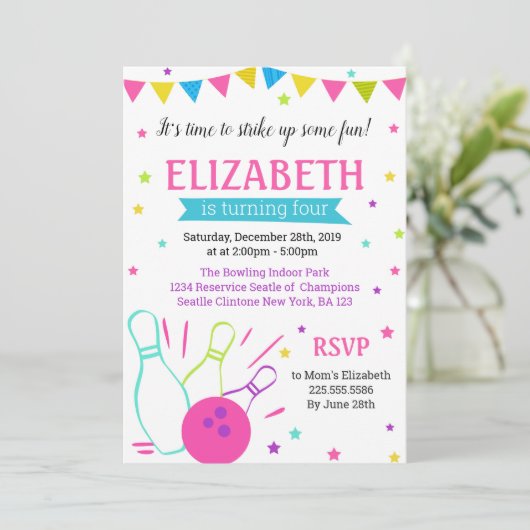 Bowling verjaardagsuitnodiging voor meisje kaart (Staand voorkant)