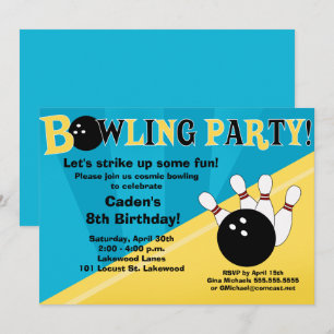 Bowlingfeestuitnodiging - Blauw en Geel Kaart