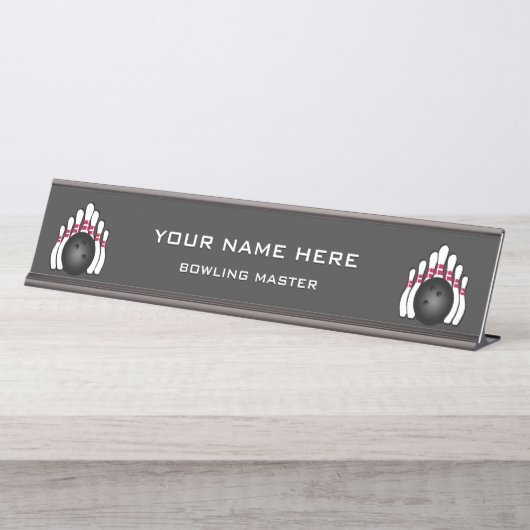 Bowlingkegels en -ballen bureau naambordje (Voorkant)